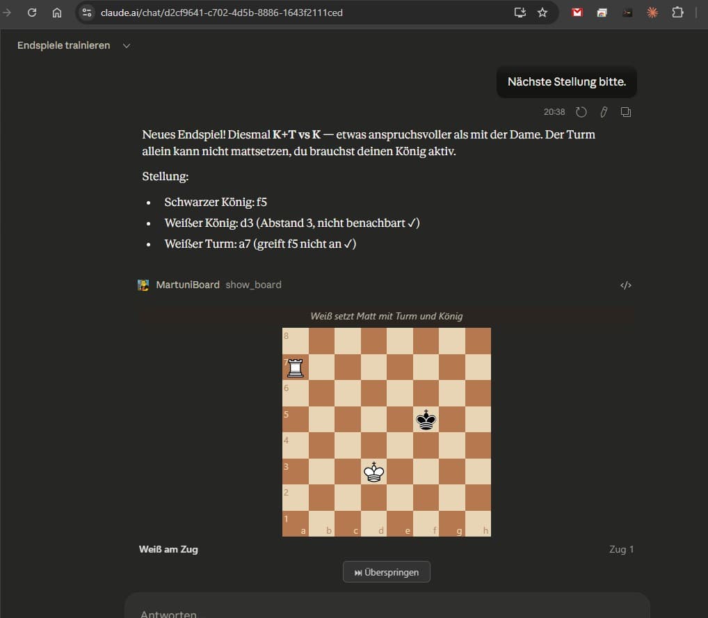 Der Endspiel-Trainer in Aktion: Claude erklärt die Strategie, baut eine legale Stellung auf und zeigt sie auf dem interaktiven Board — alles in einer Konversation